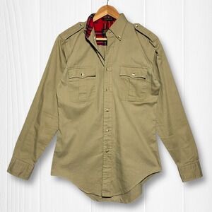VTG Eddie Bauer Cotton Plaid Lined Epaulet Safari Field Shirt Mens S Tan